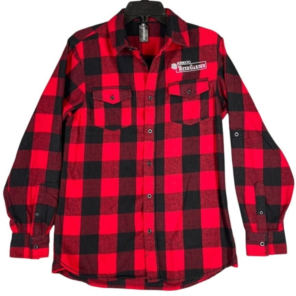Horrocks Beer Garden Plaid Flannel Shirt Mens Small Red Burnside Pub Tavern‎ Bar